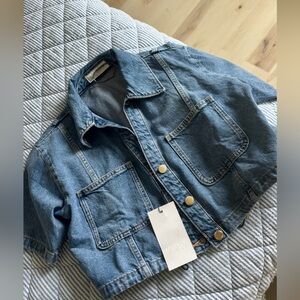 Zara Women- Short sexy denim shirt 
 Light Blue Jean Jacket with Gold bottoms